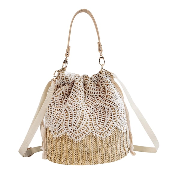 Straw Shoulder Bag Women Girls Beach Woven Handbags Bucket Summer Holiday Beach Tote with Adjustable Straps - Leaves