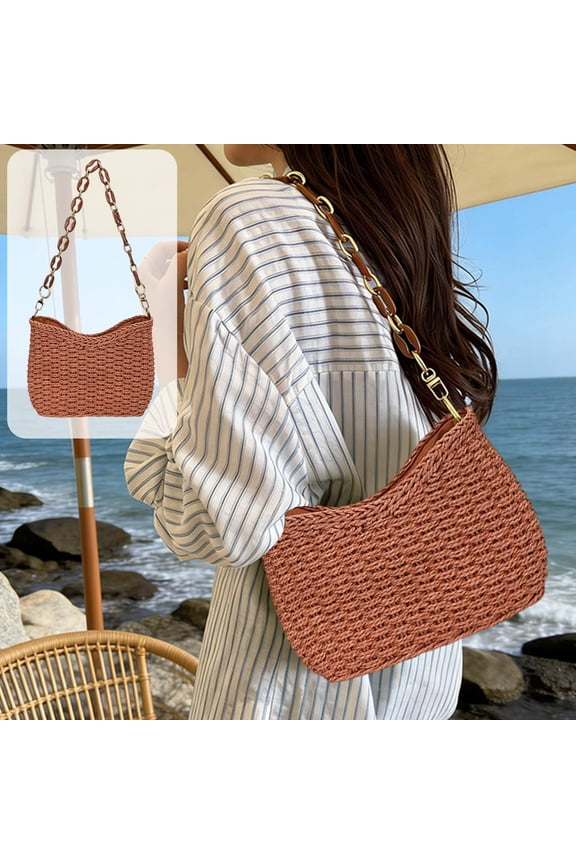 Straw Shoulder Bag for Women, Boho Woven Raffia Purse with Charm Chain, Adjustable Strap Summer Beach Vacation Bag