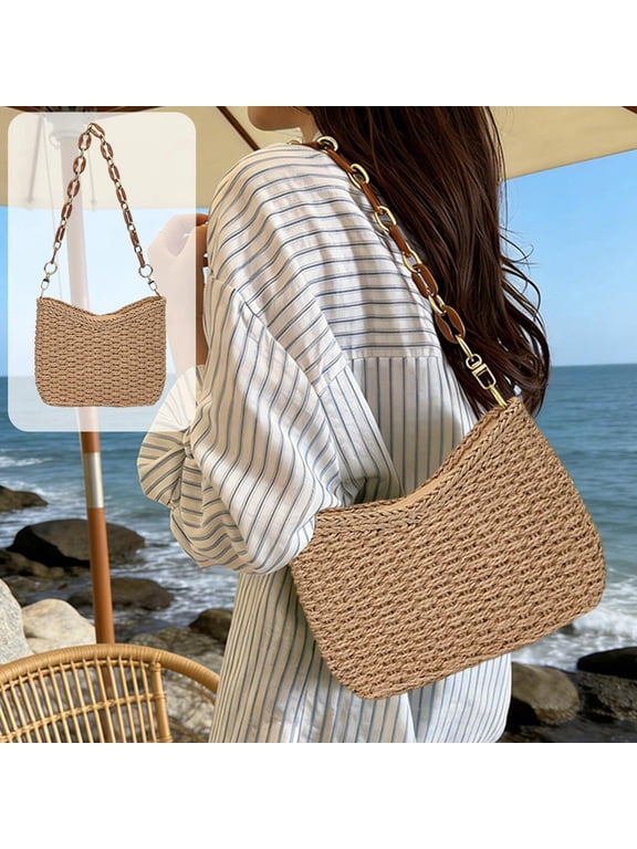 Straw Shoulder Bag for Women, Boho Woven Raffia Purse with Charm Chain, Adjustable Strap Summer Beach Vacation Bag