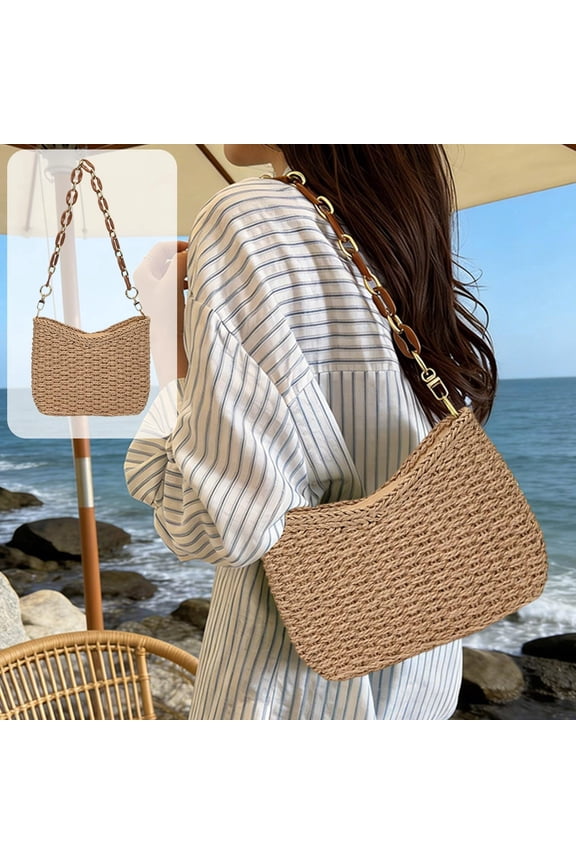 Straw Shoulder Bag for Women, Boho Woven Raffia Purse with Charm Chain, Adjustable Strap Summer Beach Vacation Bag