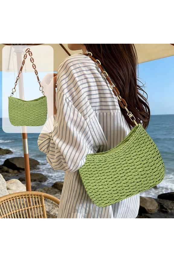 Straw Shoulder Bag for Women, Boho Woven Raffia Purse with Charm Chain, Adjustable Strap Summer Beach Vacation Bag