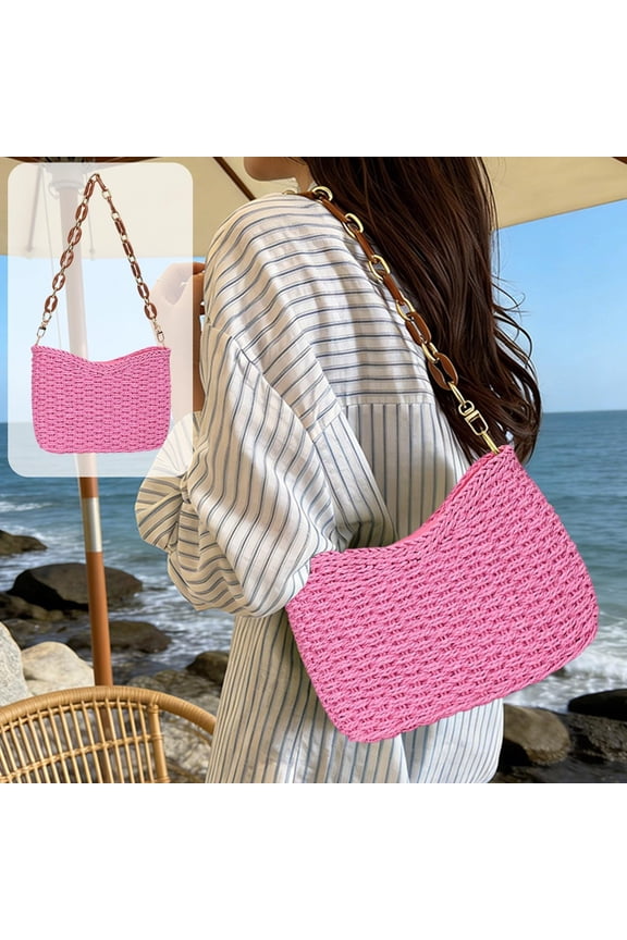 Straw Shoulder Bag for Women, Boho Woven Raffia Purse with Charm Chain, Adjustable Strap Summer Beach Vacation Bag
