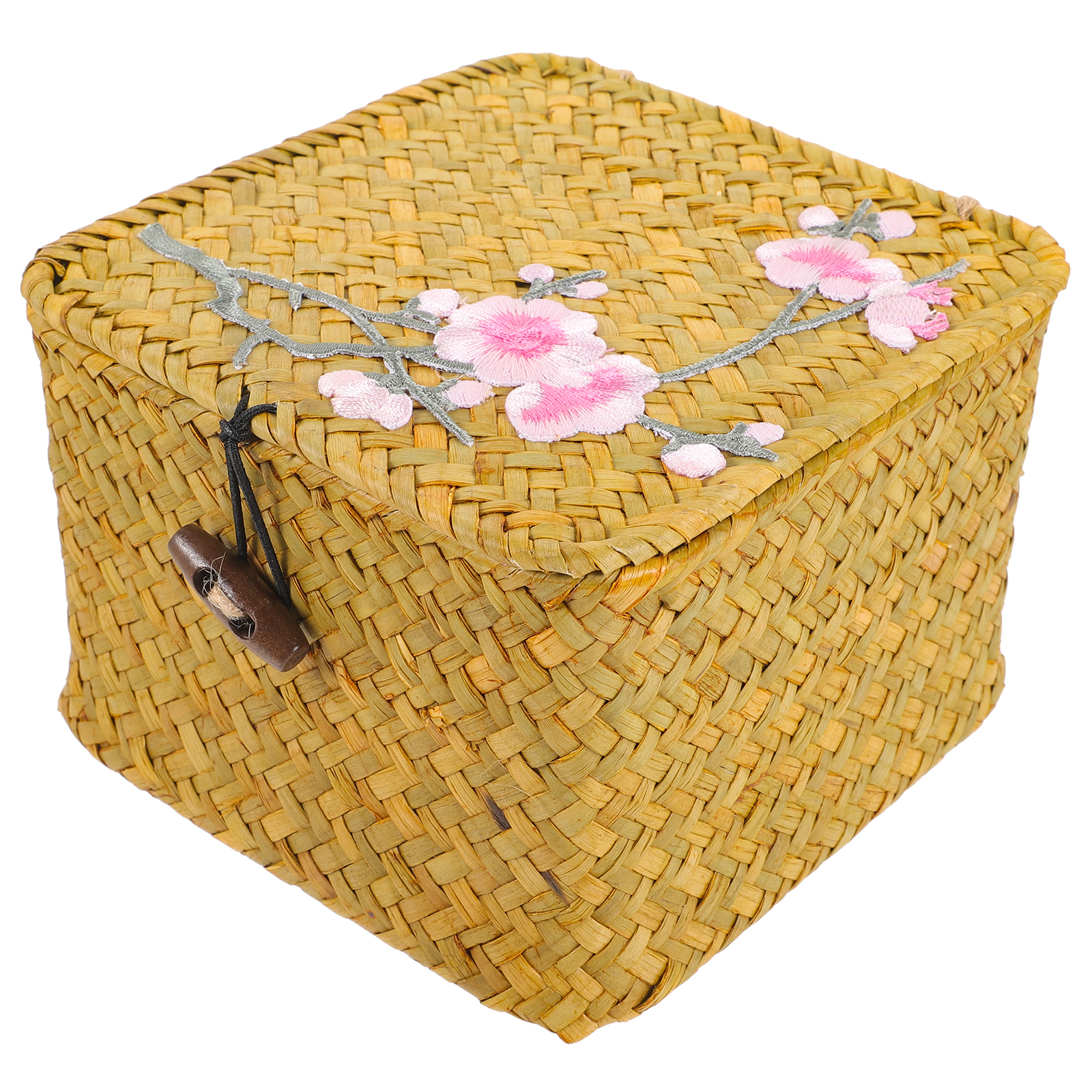 Straw Storage Basket Wicker Container Woven Trash Bin Peach Blossom