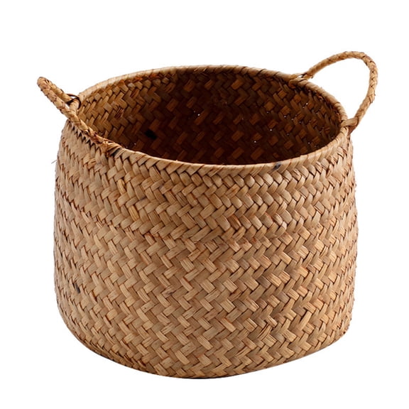 Straw Storage Basket with Handles, Woven Organizer Sundries Basket, Large Organizer Box for Plant Pots Clothes (B)