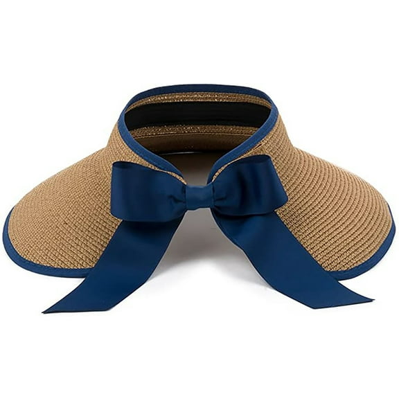Straw Summer Sun Visor Beach Hat Wide Brim with Bow Adjustable (Navy)
