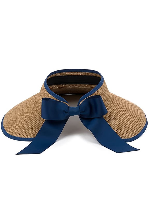 Straw Summer Sun Visor Beach Hat Wide Brim with Bow Adjustable (Navy)
