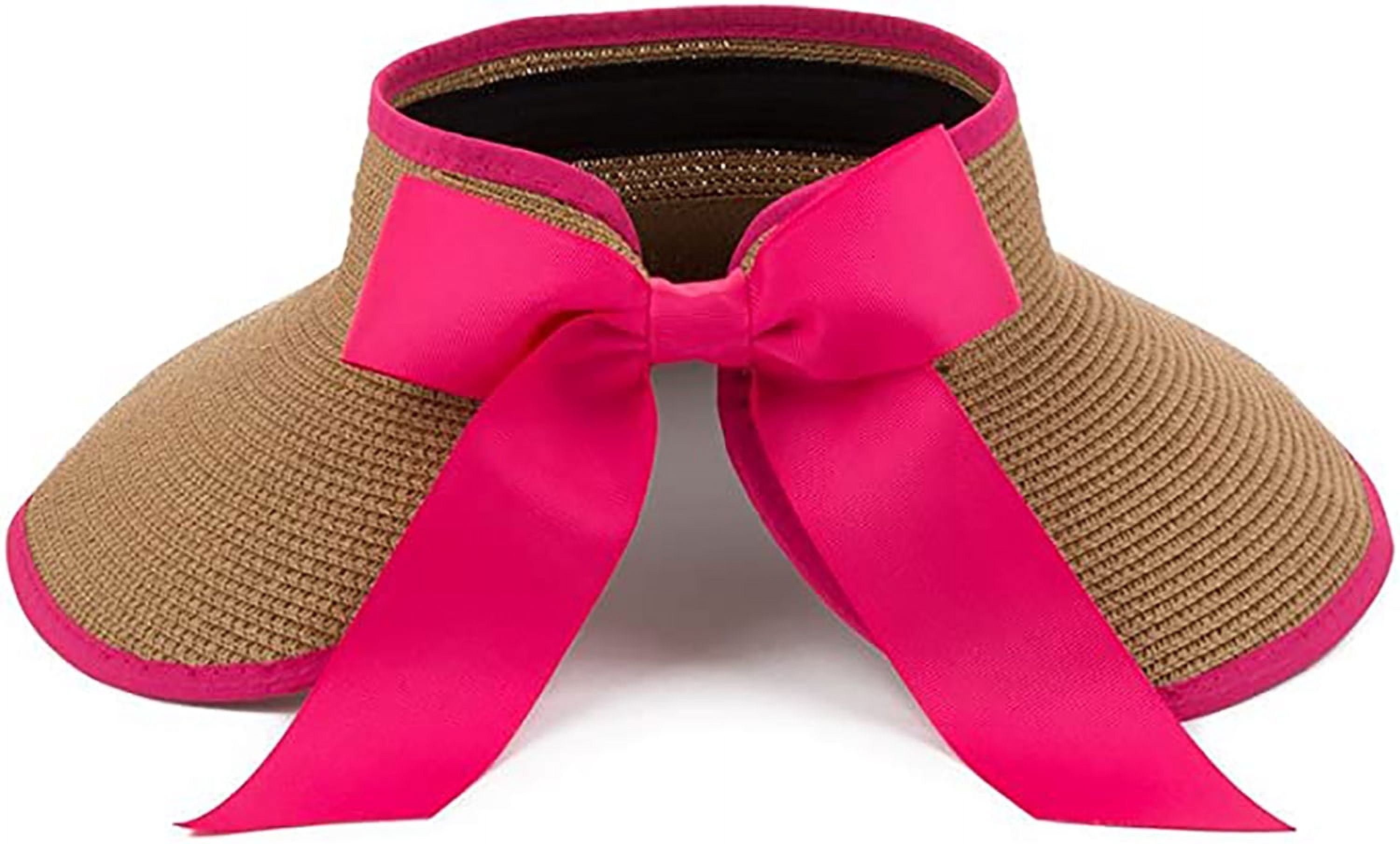 Pink Wide Brim Straw Sun Visor Hat – Adjustable Roll-Up Straw Visor for Women Straw Sun Visor Hat for Women, Wide Brim for Summer Beach UV  main image 2