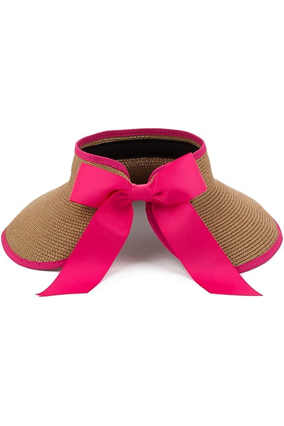 Straw Summer Sun Visor Beach Hat Wide Brim with Bow Adjustable (Pink)