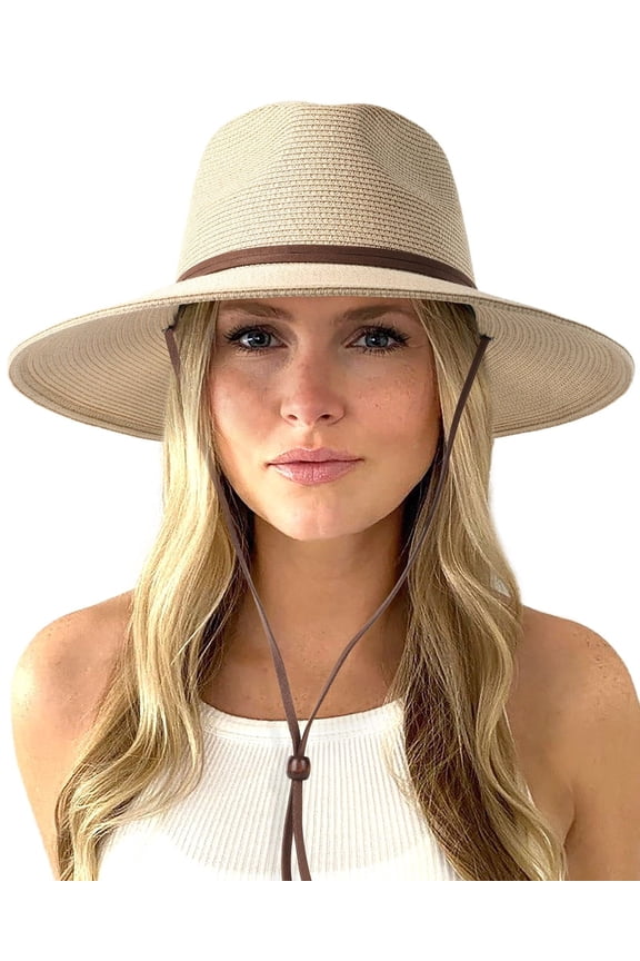 Womens Summer Straw Sun Hats Wide Brim Panama Beach Hat with Wind Lanyard UPF 80+ Khaki