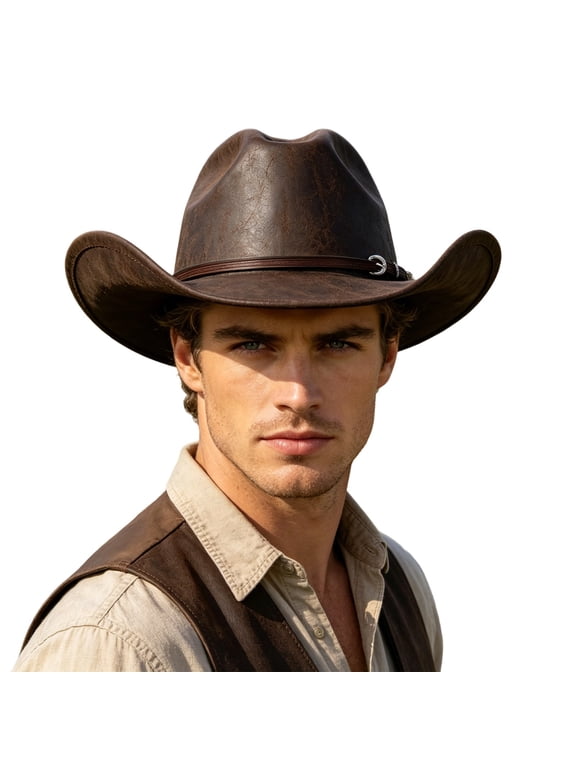 Straw Sun Hat Men Western Cowboy Hat with Metal Circular Pattern and Side Pattern Buckle Cap