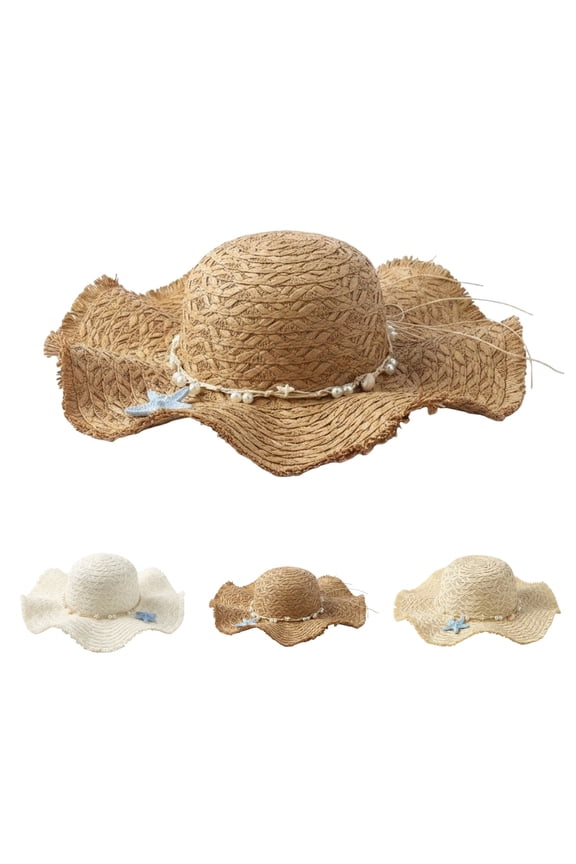 Straw Sun Hat for Women LSQii Casual Rustic Style Boho Fluffy Woven Straw Hat Summer Vacation Wide Brim Bucket Cap Cooling UPF50+ UV Protect (Beige)