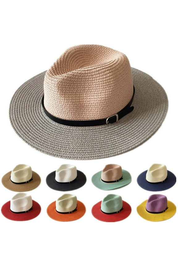 Straw Sun Hat Women's Spring Summer Colorful Big Brim Beach Hat Panama Flat Brim Cowboy Fedora Hat
