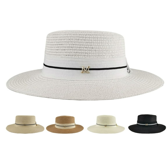 Straw Sun Hat for Women - Beach Wide Brim UPF50+ Fashionable Summer Travel Hats with Letter M Decor