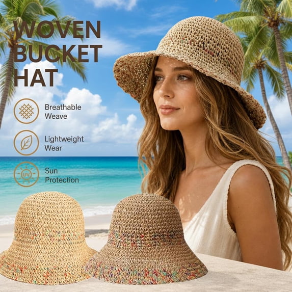 Straw Sun Hat for Women, Breathable Beach Hat with Colorful Accents, Foldable Wide Brim Hat for Summer Vacation