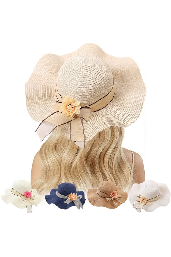 Straw Sun Hats for Women - Lace Ribbon Bowknot Flower Decor Wide Brim Ladies Caps for Summer Beach