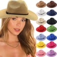 thumbnail image 1 of Straw Sun Hats for Women Men Panama Fedora Summer Hat with Leather Belt Wide Brim Beach Sun Jazz Cap, 1 of 5