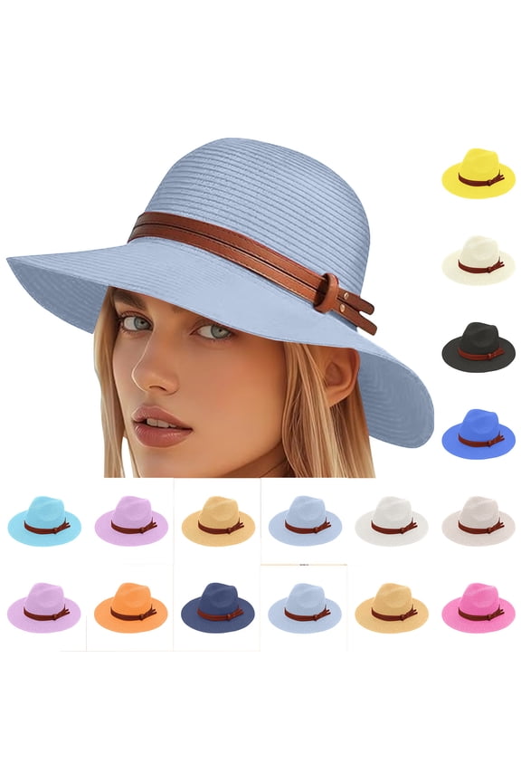 Straw Sun Hats for Women, Summer Hat with Leather Belt Wide Brim Jazz Cap,Light Blue