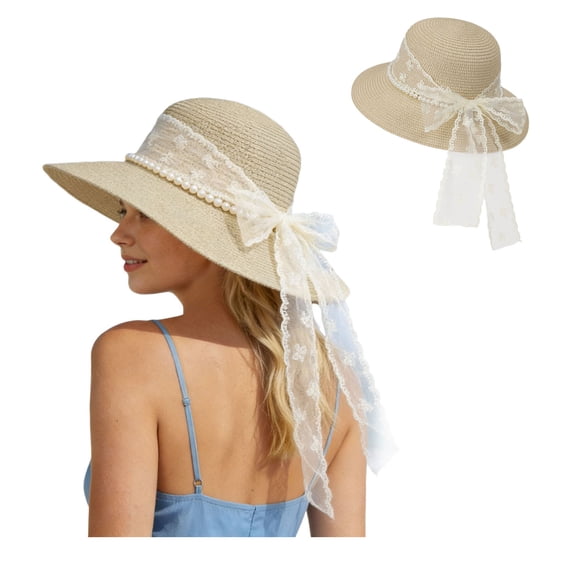 Straw Sun Hats for Women Wide Brim Elegant Bow Summer Big Beach Hat UPF 50+ Vacation Honeymoon Protection with for Summer