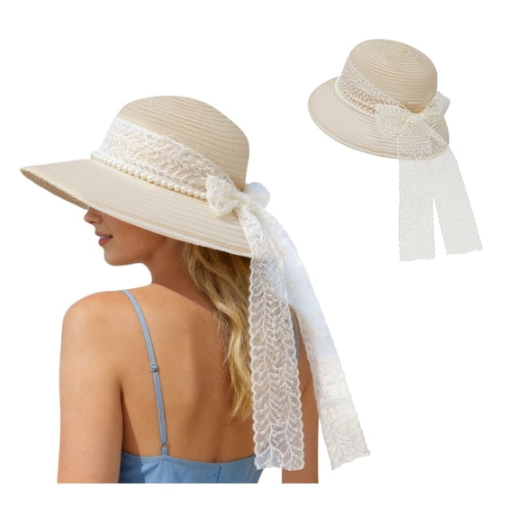 Straw Sun Hats for Women Wide Brim Elegant Bow Summer Big Beach Hat UPF 50+ Vacation Honeymoon Protection with for Summer
