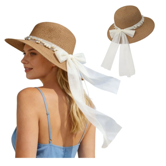 Straw Sun Hats for Women Wide Brim Elegant Bow Summer Big Beach Hat UPF 50+ Vacation Honeymoon Protection with for Summer