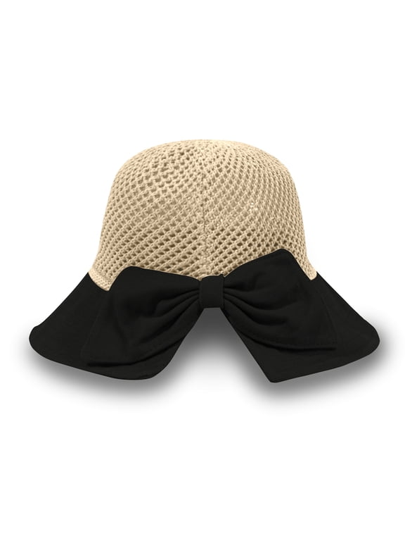 Straw Sun Summer Hat for Women, Female Wide Brim UPF 50+ UV Protection Bowknot Cap, Stylish Braid Visor, Ladies Foldable Roll Up Packable Floppy Beach Hat with Windproof Chin Strap, Black / Beige