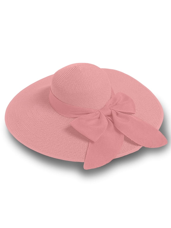 Straw Sun Summer Hat for Women, Female Wide Brim UPF 50+ UV Protection Bowknot Cap, Stylish Braid Visor, Ladies Foldable Roll Up Packable Floppy Beach Hat with Windproof Chin Strap,