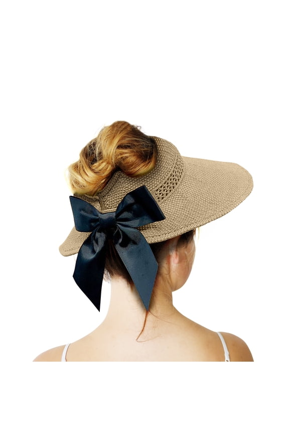 Straw Sun Summer&nbsp;Visor for Women, Female Wide Brim UPF 50+ UV Protection Hat, Ladies Adjustable Roll UP Messy Bun Ponytail Cap, Foldable Packable Beach Travel Hat, Windproof Chin Strap