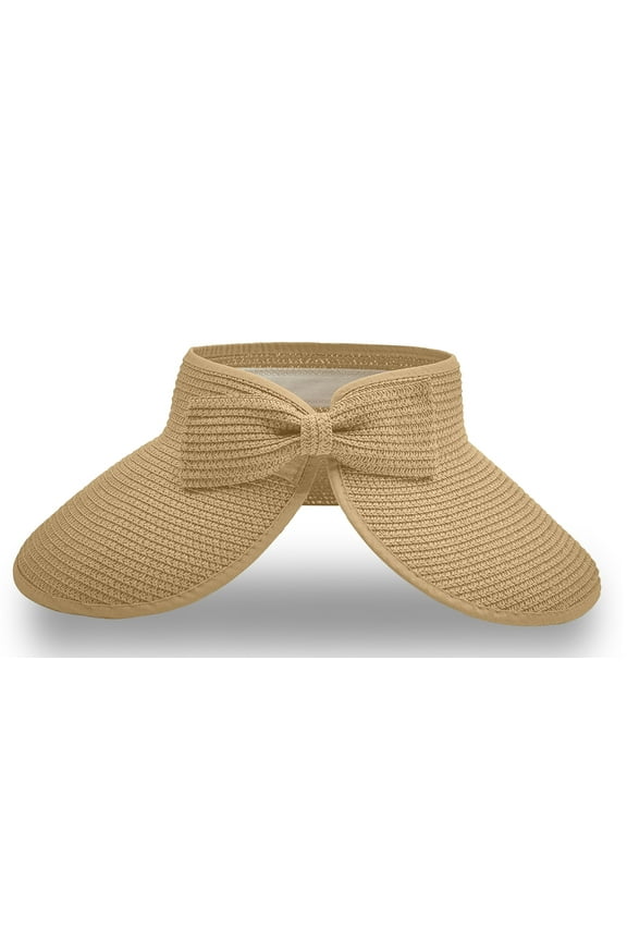 Straw Sun Summer&nbsp;Visor for Women, Female Wide Brim UPF 50+ UV Protection Topless Hat, Ladies Adjustable Roll UP Messy Bun Ponytail Cap, Foldable Packable Beach Travel Hat, Beige