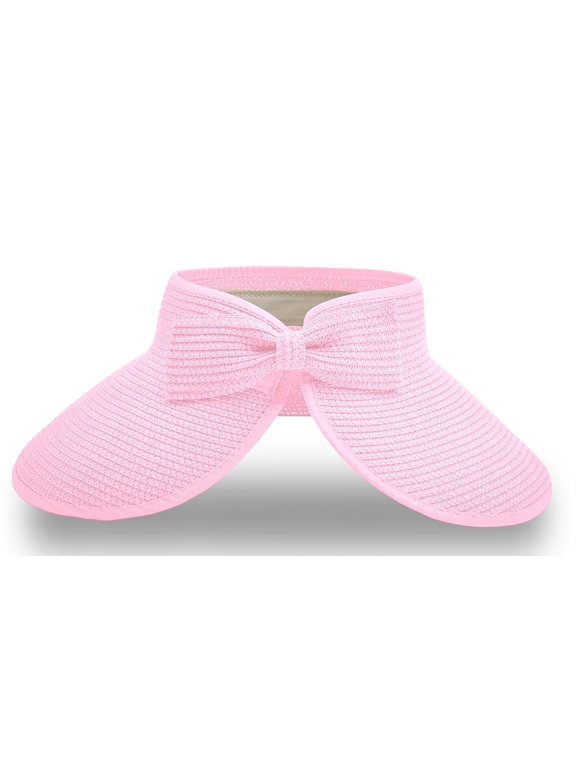 Straw Sun Summer Visor for Women, Female Wide Brim UPF 50+ UV Protection Topless Hat, Ladies Adjustable Roll UP Messy Bun Ponytail Cap, Foldable Packable Beach Travel Hat, Light Pink