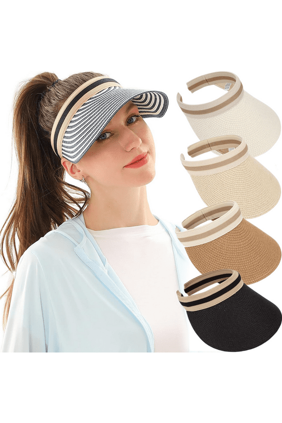 Straw Sun Visor Hat for Women Summer UV Protection Wide Brim Ponytail Straw Beach Cap Women's Style Golf Cap