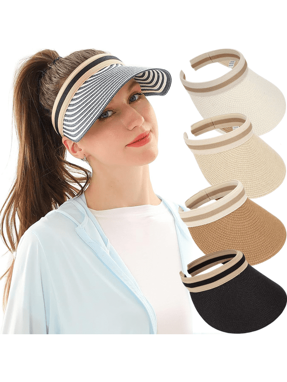 Straw Sun Visor Hat for Women Summer UV Protection Wide Brim Ponytail Straw Beach Cap Women's Style Golf Cap
