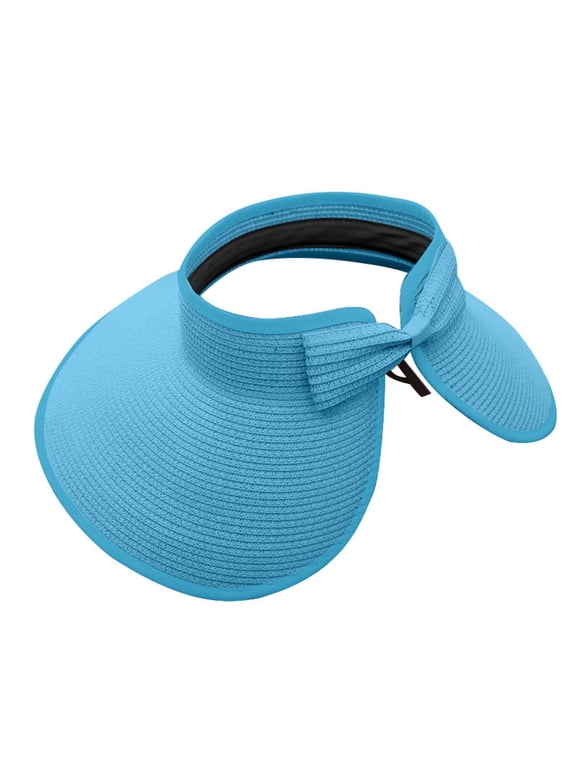 Straw Sun Visor for Women, Wide Brim UPF 50+ Beach Hat Adjustable Roll Up Foldable Ponytail Cap with Chin Strap 2026 Beach Sun Hats with Bow Womens UV Protection Hats