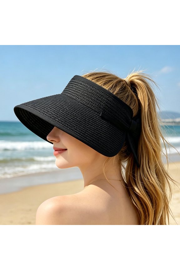 Straw Sun Visor for Women, Wide Brim Ponytail Beach Hat with Bow, Adjustable, Foldable Packable Roll-Up for Summer Travel, Beach & Pool(Black)