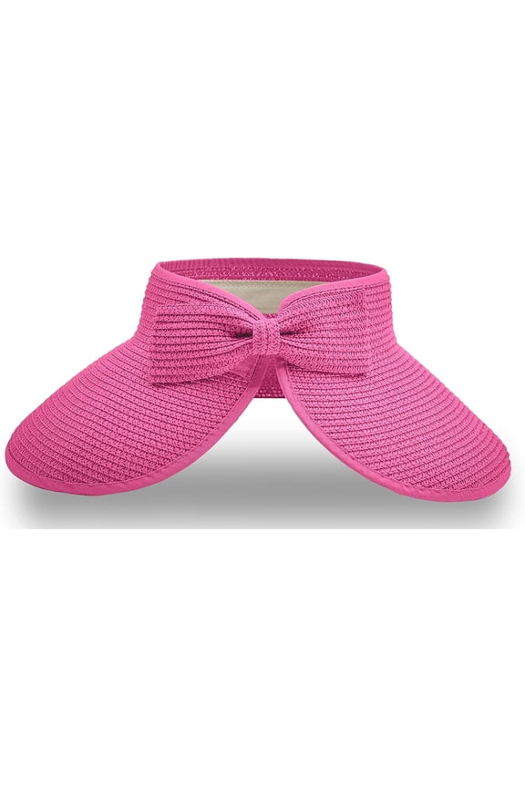 Straw Sun Visor for Women, Wide Brim UPF 50+ Protection Beach Hat, Adjustable, Roll Up Foldable Ponytail Cap with Chin Strap