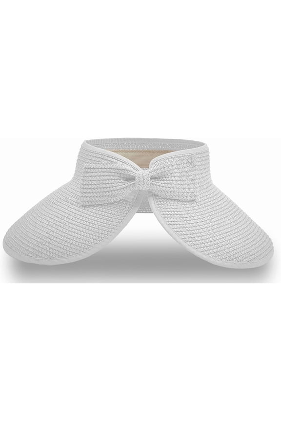 Straw Sun Visor for Women, Wide Brim UPF 50+ Protection Beach Hat, Adjustable, Roll Up Foldable Ponytail Cap with Chin Strap