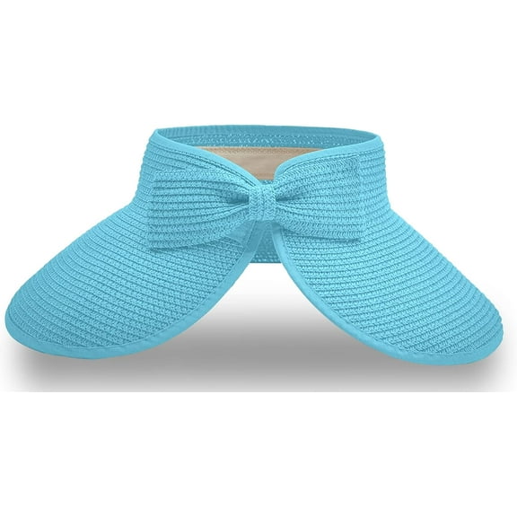 Straw Sun Visor for Women, Wide Brim UPF 50 Protection Beach Hat, Adjustable, Roll Up Foldable Ponytail Cap with Chin Strap