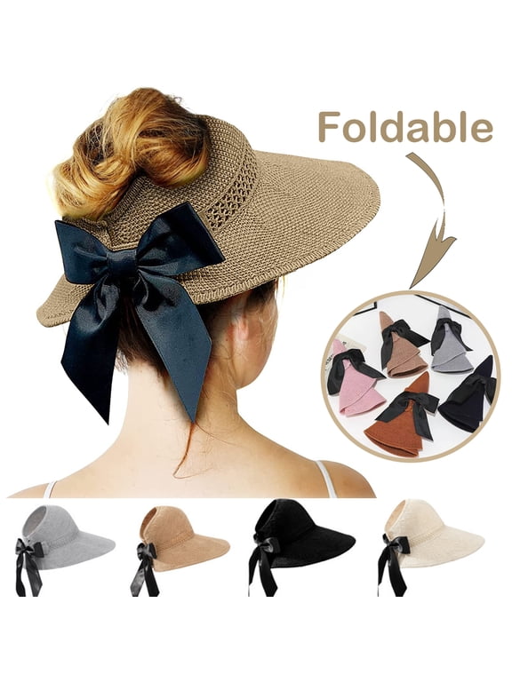 Straw Sun Visor for Women, Wide Brim UPF 50+ Protection Beach Hat, Adjustable, Roll Up Foldable Ponytail Cap