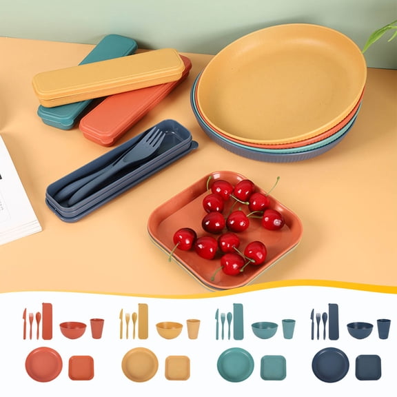 Straw Tableware Set 8-Piece – Knives Forks Spoons Bowls Plates Dishes, Lightweight Outdoor Camping Picnic Dinnerware, Microwave & Dishwasher