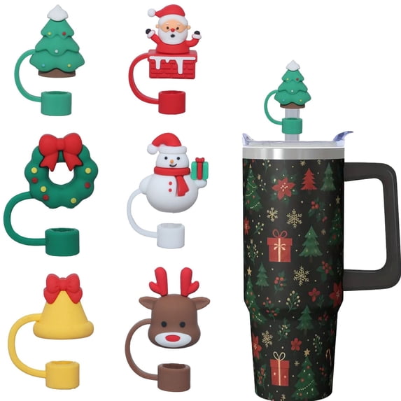 Straw Topper Cap, 3D Christmas Themed, Pack of 6, Fits 0.4 Inch Straw for Stanley Tumbler