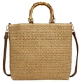 thumbnail image 1 of Straw Tote Bag Bamboo Handle Drawstring Woven Lightweight Breathable for Beach Vacation Travel Daily Use (Khaki), 1 of 10