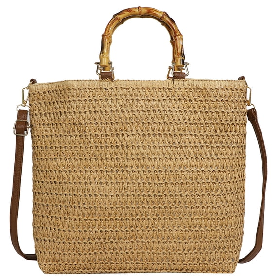 Straw Tote Bag Bamboo Handle Drawstring Woven Lightweight Breathable for Beach Vacation Travel Daily Use (Khaki)