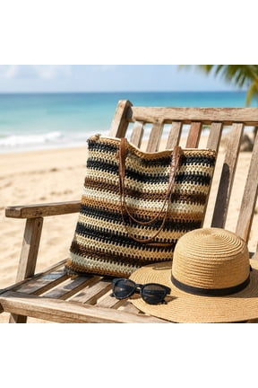 Straw Tote Bag Large Capacity Woven Contrast Stripe for Women, Beach, Travel, and Daily Use