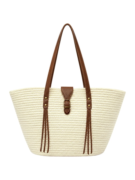 Straw Tote Bag for Women, Large Woven Beach Shoulder Bag, Polyester Raffia Look Purse with PU Leather Handles and Buckle Closure for Vacation Resort Commute