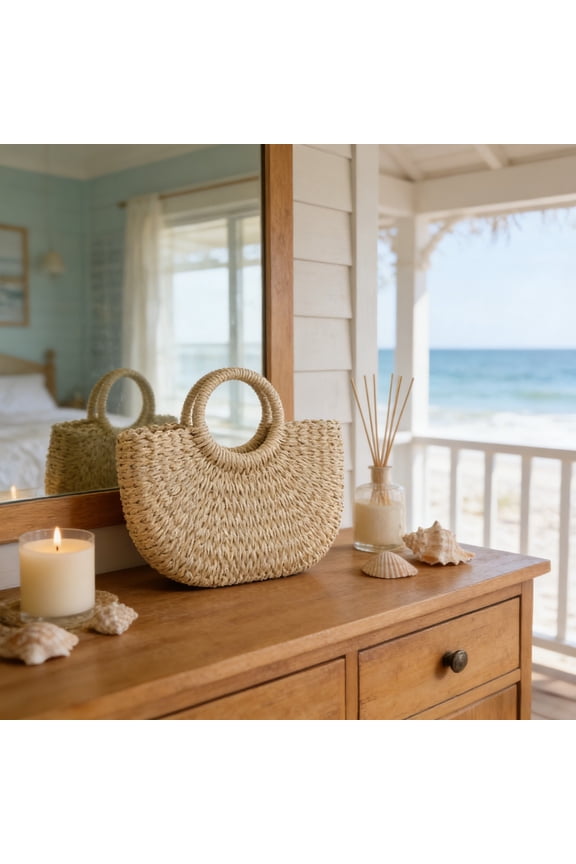 Straw Tote Bag for Women Summer Beach,12.99x8.26x3.14 Inch Handmade Straw Rattan Woven Handbag,Bohemian Style with Sturdy Round Ring Handles,for Travel and Daily Use