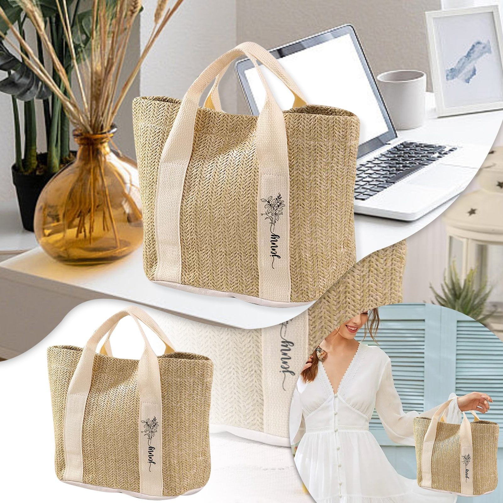 Straw Tote Bag for Women Large Woven Beach Handbag Summer Travel Boho ...