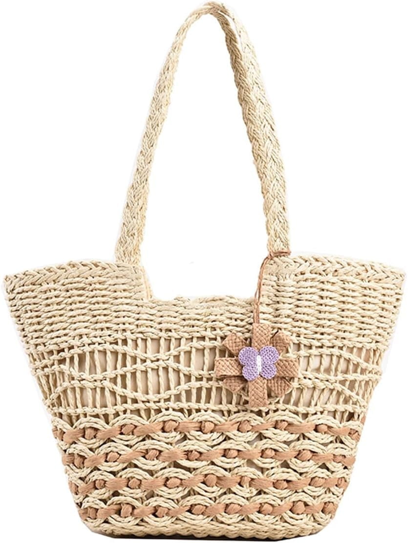 Straw Tote Bag for Women Summer Vacation Beach Handbags Boho Rattan Woven Shoulder Purse Zipper Closure