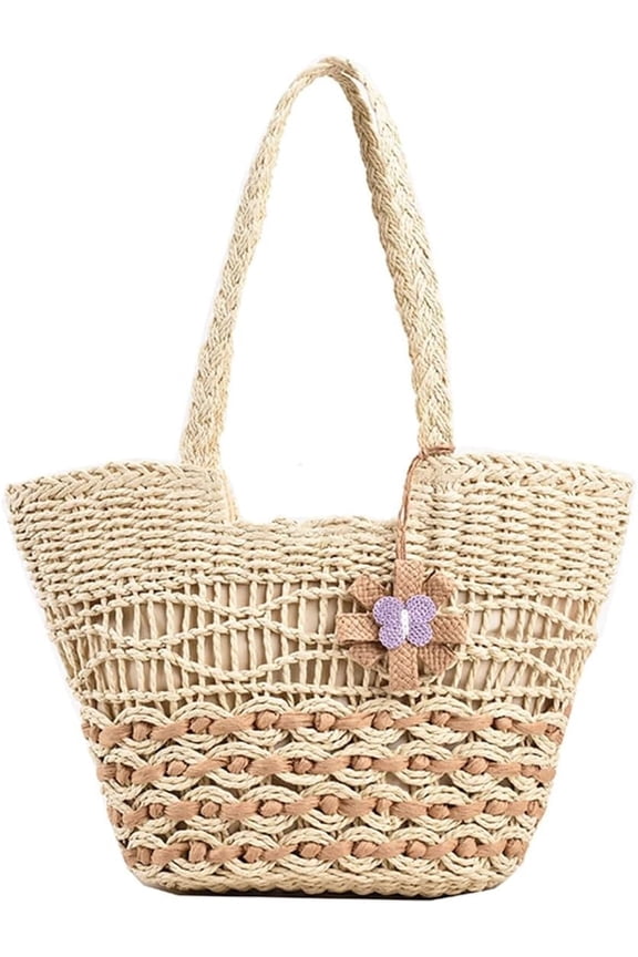 Straw Tote Bag for Women Summer Vacation Beach Handbags Boho Rattan Woven Shoulder Purse Zipper Closure