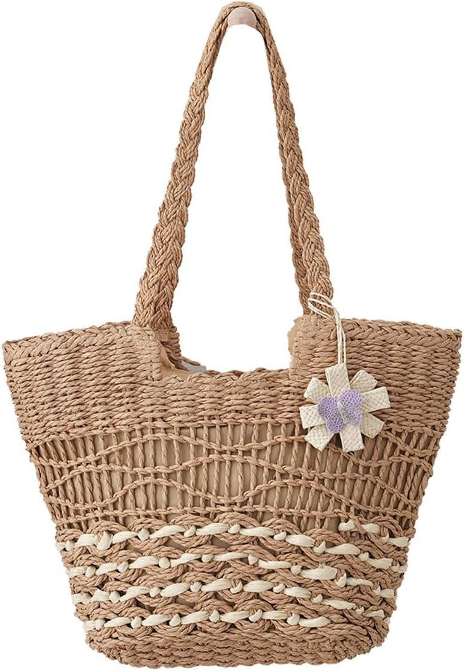 Straw Tote Bag for Women Summer Vacation Beach Handbags Boho Rattan Woven Shoulder Purse Zipper Closure