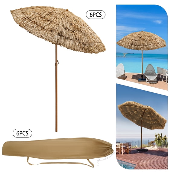 Straw Umbrella, 1.6 Meter Artificial Straw Beach Umbrella, 6-Pack Tilt Adjustable Patio Sun Shade Umbrella for Pool, Garden, Outdoor, Sand, No Base Included