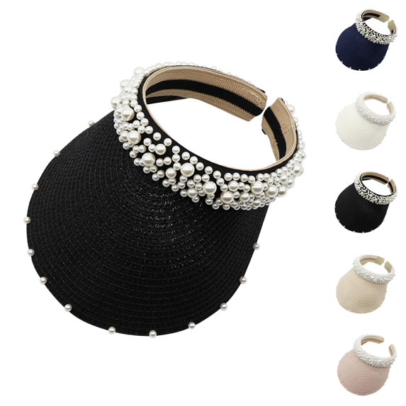 Straw Visors for Women Summer Wide Brim Uv Protection Sun Visors with Pearl Headband Beach Sun Hat